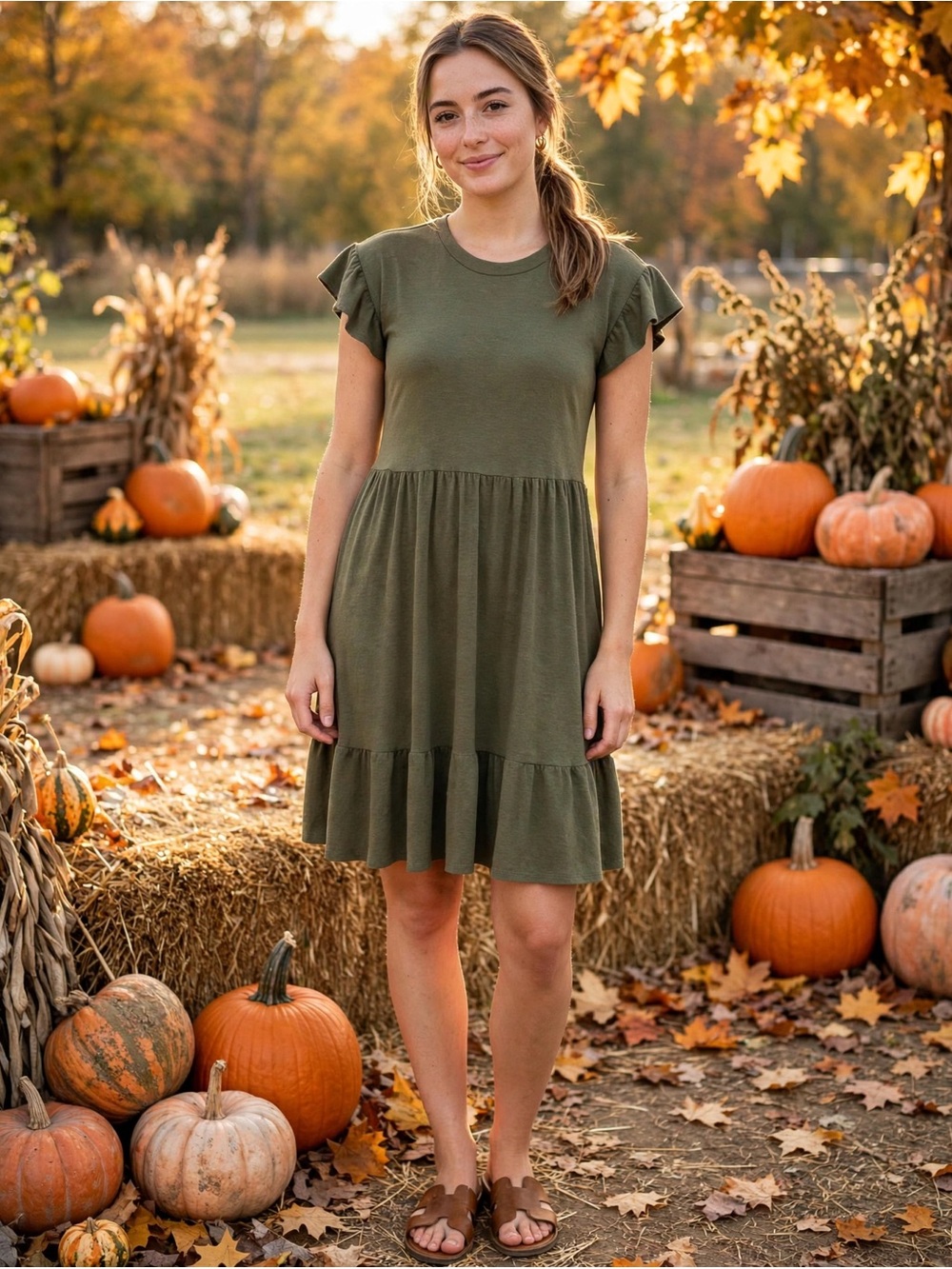 Lulu's Sweetest Style Olive Green Tiered Babydoll Dress w/Pockets.